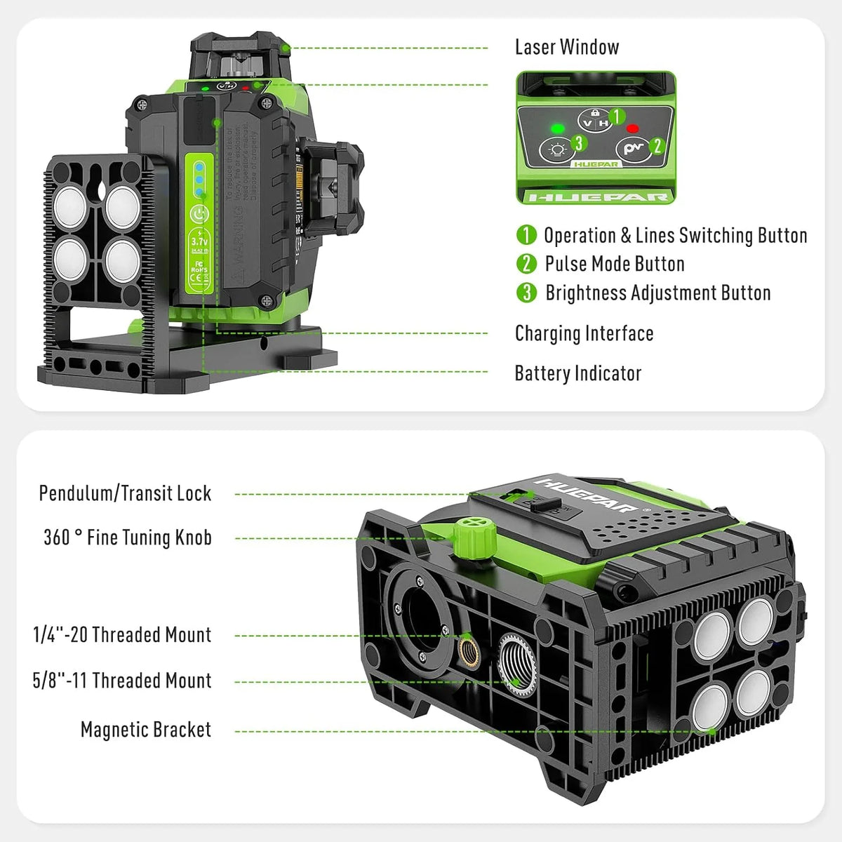 Huepar Nivel Laser Autonivelante 360 grados, 12 Líneas Cruzada con Función de Autonivelación y Pulso, 3D Nivelador Láser 30M, Batería de litio, CableType-C, Base Magnética, Estuche Rígido
