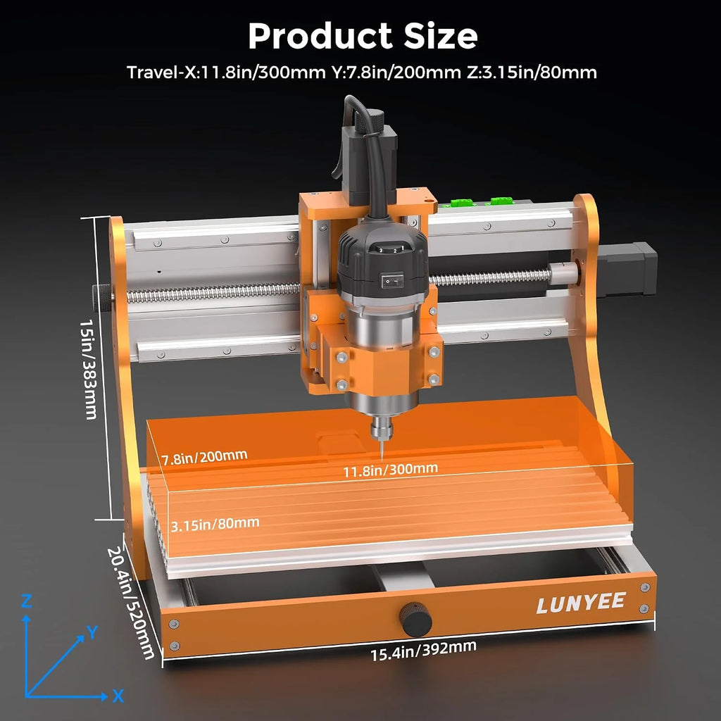LUNYEE 3020 Nova CNC - Máquina de enrutador con guías lineales de eje XYZ totalmente metálicas y husillo de bolas con router de 800W, adecuada para cortar aluminio, latón, acero inoxidable, madera