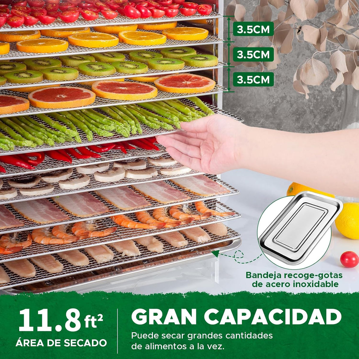 Kwasyo 10 Bandejas Deshidratador Alimentos Recetas gratis Temperatura Ajustable 30-90℃, Acero Inoxidable Completo, Temporizador de 24 horas, 10 Pisos Deshidratadora de Frutas, bpa free,1000W