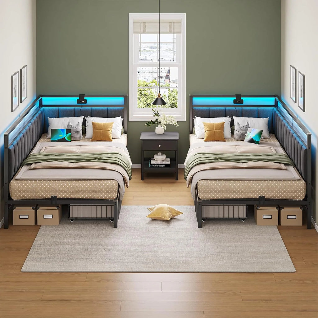 DICTAC Upholstered Bed Sofa Bed 90 x 190 cm with LED Lighting and USB Socket, Youth Beds with 2 Storage Drawers, Bed Frame 90 x 190 cm with Metal Slatted Base, Dark Grey