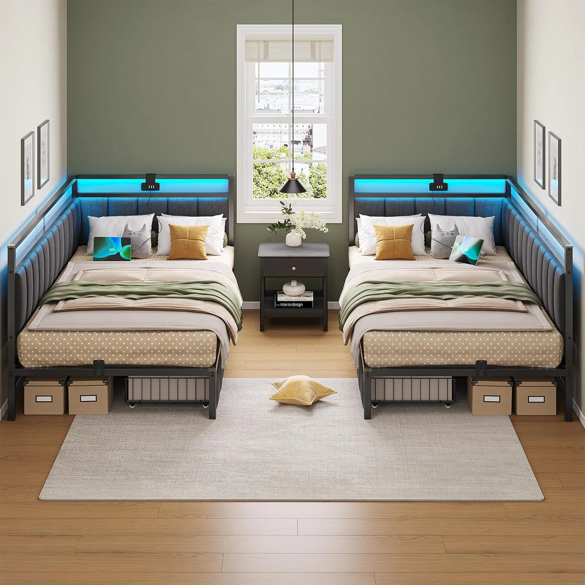 DICTAC Upholstered Bed Sofa Bed 90 x 190 cm with LED Lighting and USB Socket, Youth Beds with 2 Storage Drawers, Bed Frame 90 x 190 cm with Metal Slatted Base, Dark Grey
