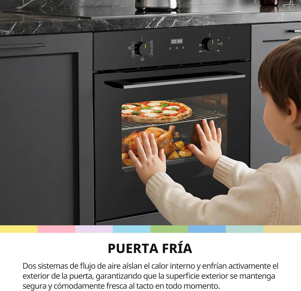 COMFEE' Horno Pizza Eléctrico Empotrable Multifunción, Convección, 1 Bandeja y 1 Rejilla, Limpieza Aquactiva, 70L, 7 Funciones, Ventilador de, Cavidad Esmaltada, Puerta Fría, CBO70M80D2-BK [Clase A]
