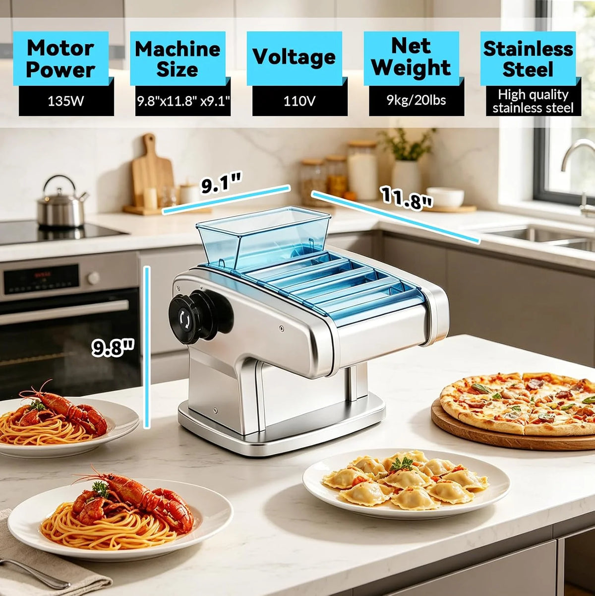 Máquina Pasta Eléctrica Profesional para Fettuccine, Tagliolini, Ravioli