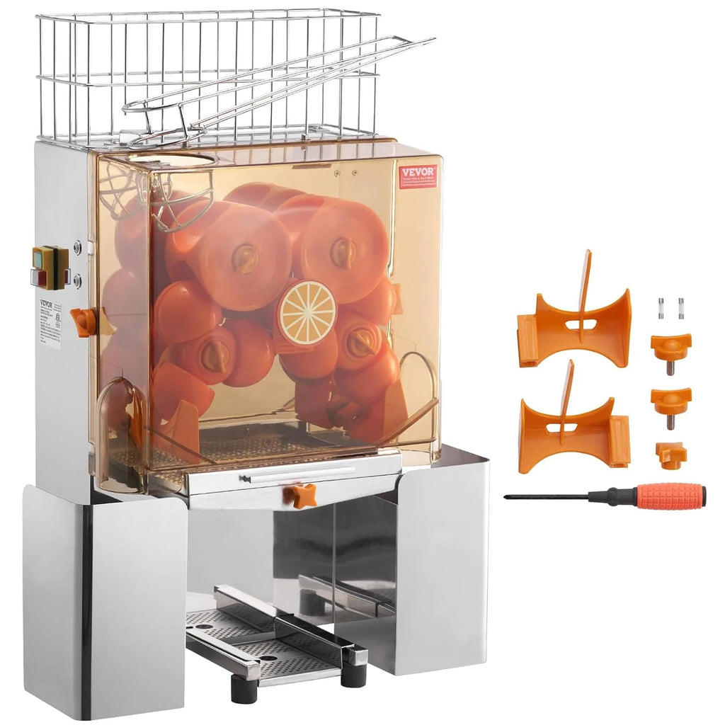 VEVOR Exprimidor de Cítricos Eléctrico Comercial Extractor de Zumo 120W Alimentación Automática con Filtro Extraíble Cubo Recolector de Cáscaras para Naranja, Pomelo, Restaurante, Cafetería, Frutería