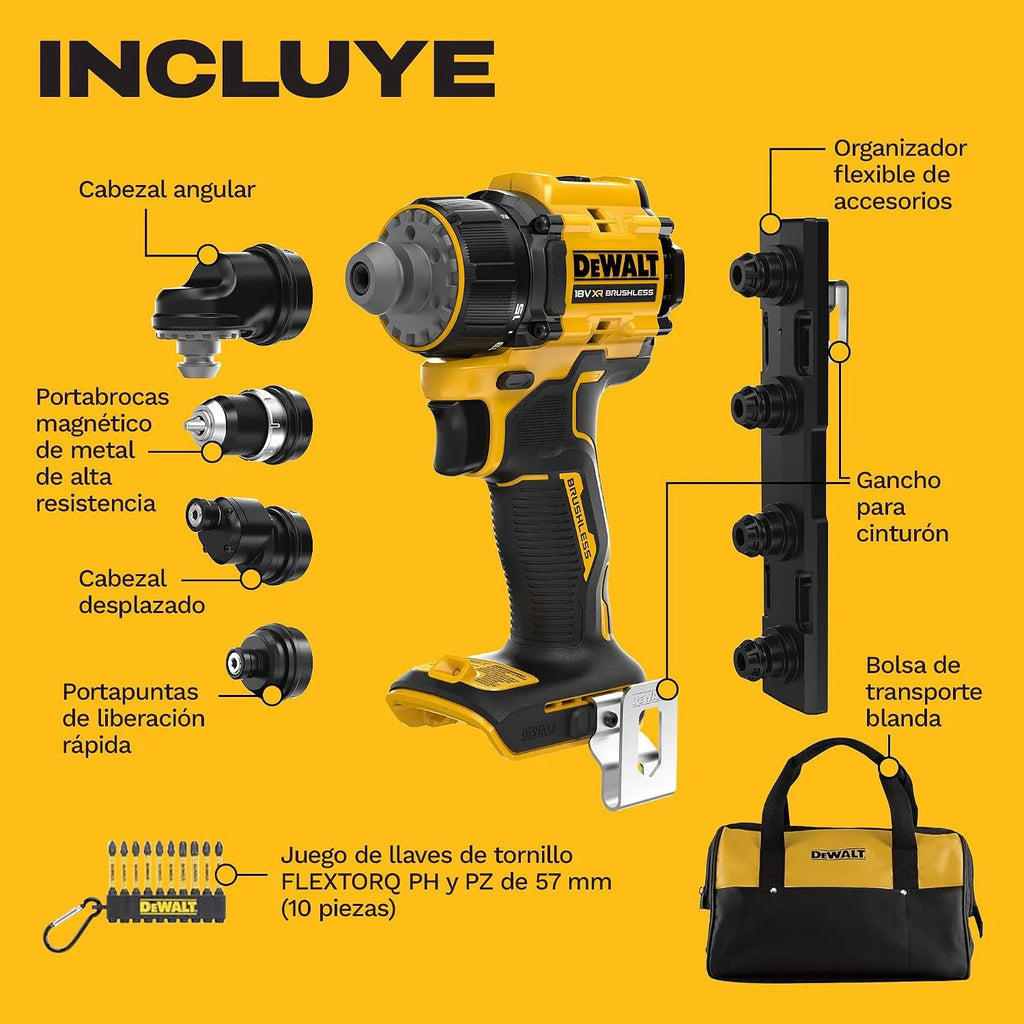 DEWALT Taladro atornillador 18V XR multicabezal, 4 cabezales, DCD803KN-XJ