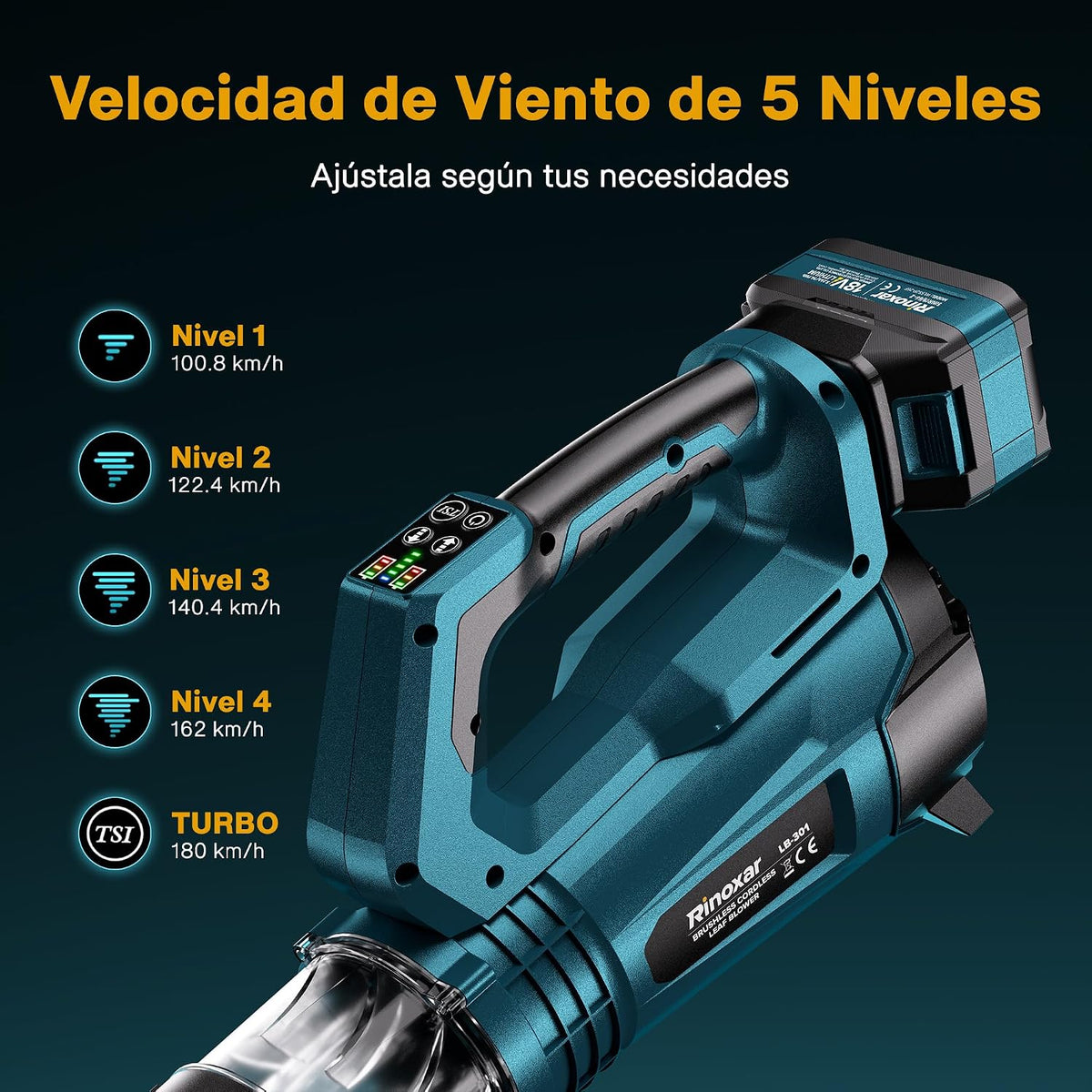 Soplador de Hojas Inalámbrico, Motor Brushless, 2×18V/5200mAh y Cargador
