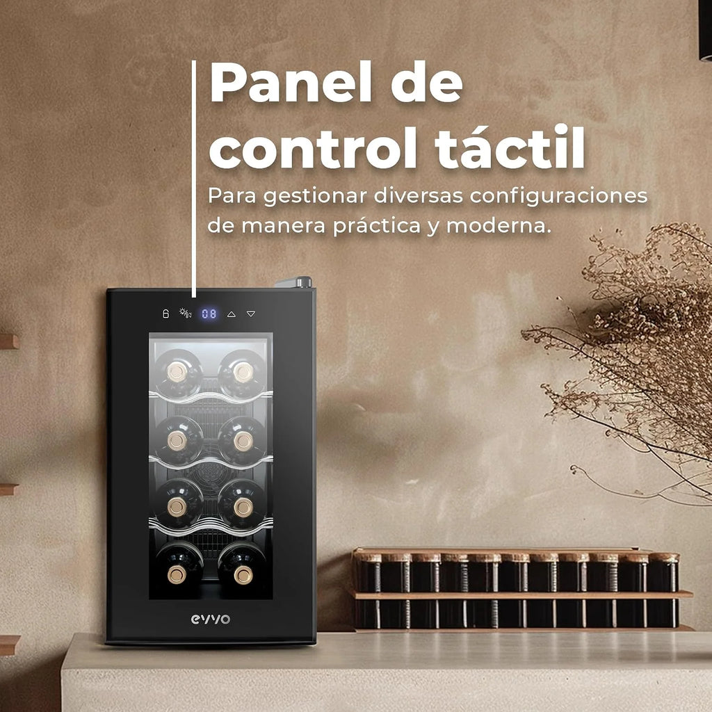 EVVO Vinoteca VT8 - Enfriador de Botellas de Vino, Nevera Pequeña para 8 Botellas, Enfriador de Vino Silencioso, Control Táctil, Luz LED, Botellero Vertical, Temperatura Ajustable 8-18ºC