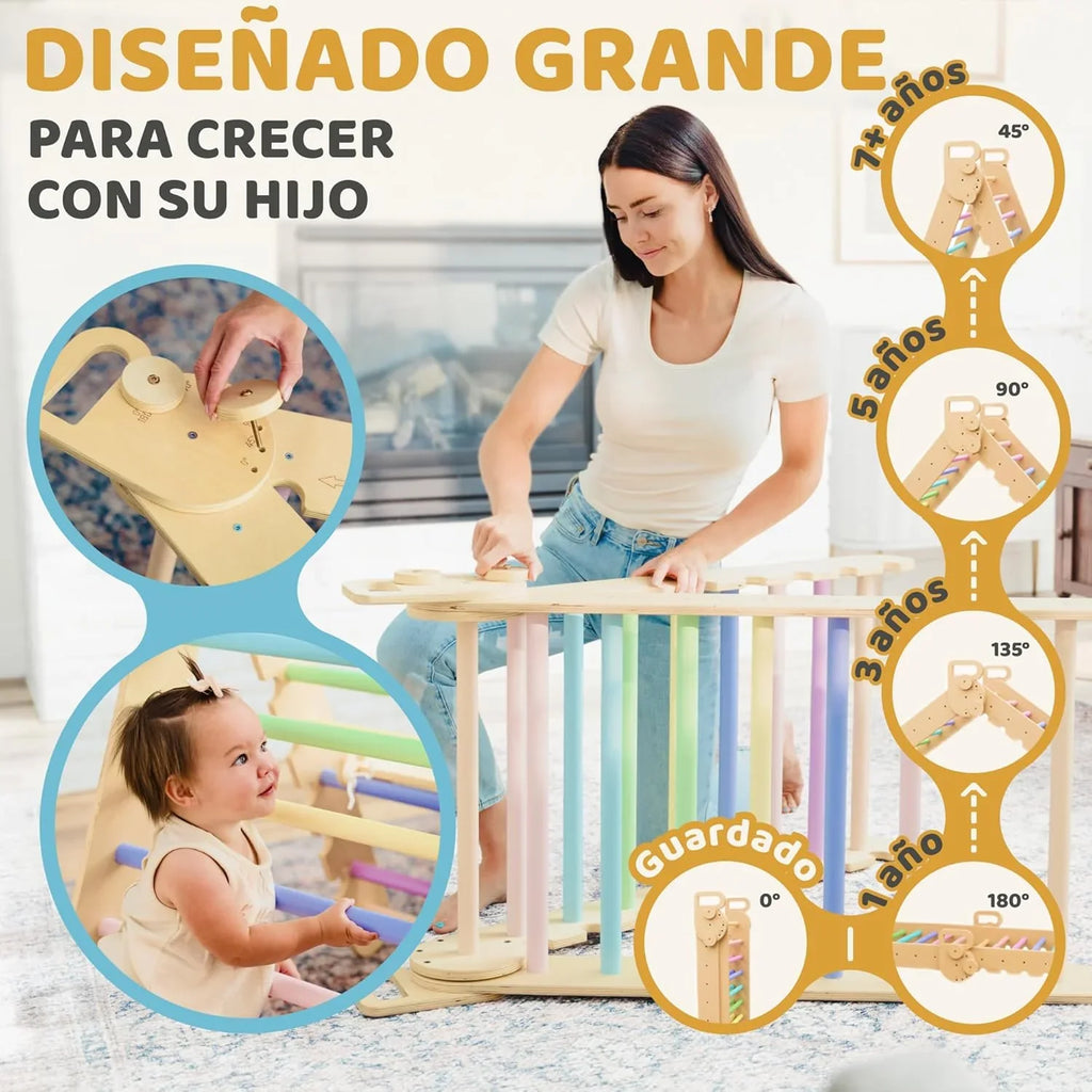 9en1 Montessori triangulo pikler Grande de 1 a 7+ años, 5 ángulos Ajustables, Parque Infantil Exterior y Interior en Madera para la Escalada con Arco pikler y rampa Pickler para niños
