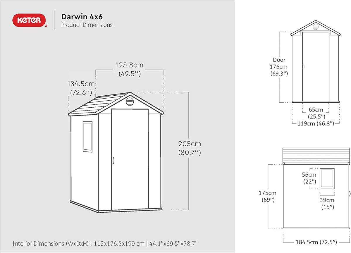 KETER Darwin 4x6 Caseta de jardín, 125.8 x 184.5 x 205 cm y 2.2 m2, Suelo, Sistema de ventilación, Puerta y Ventana, Resistente al Agua, Color Gris