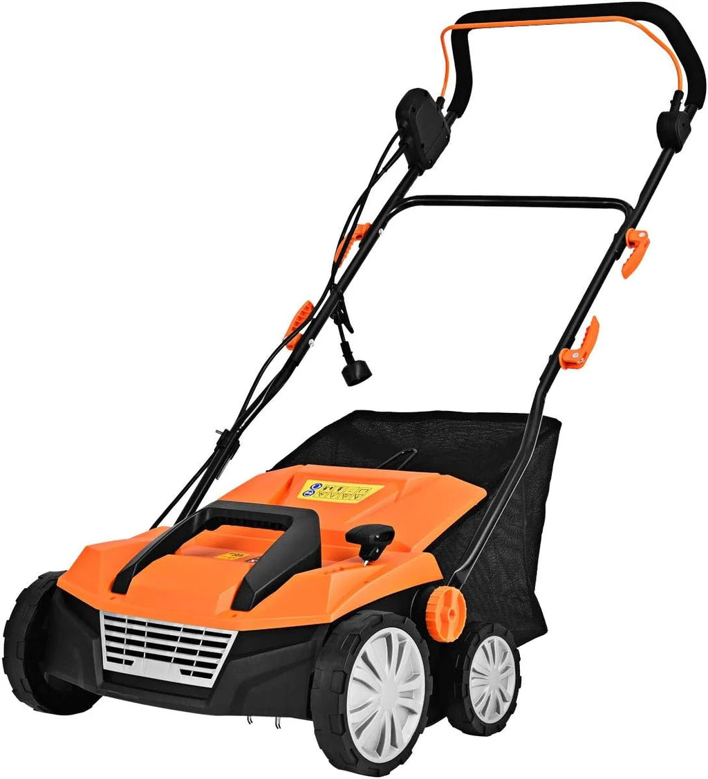 GOPLUS Escarificador Eléctrico 2 en 1, con Bolsa de Recogida de 30L/45L, Aireador de Césped con Altura Ajustable en 4 Niveles, 2 Cuchillas Extraíbles y Asa Plegable (45L,Naranja)