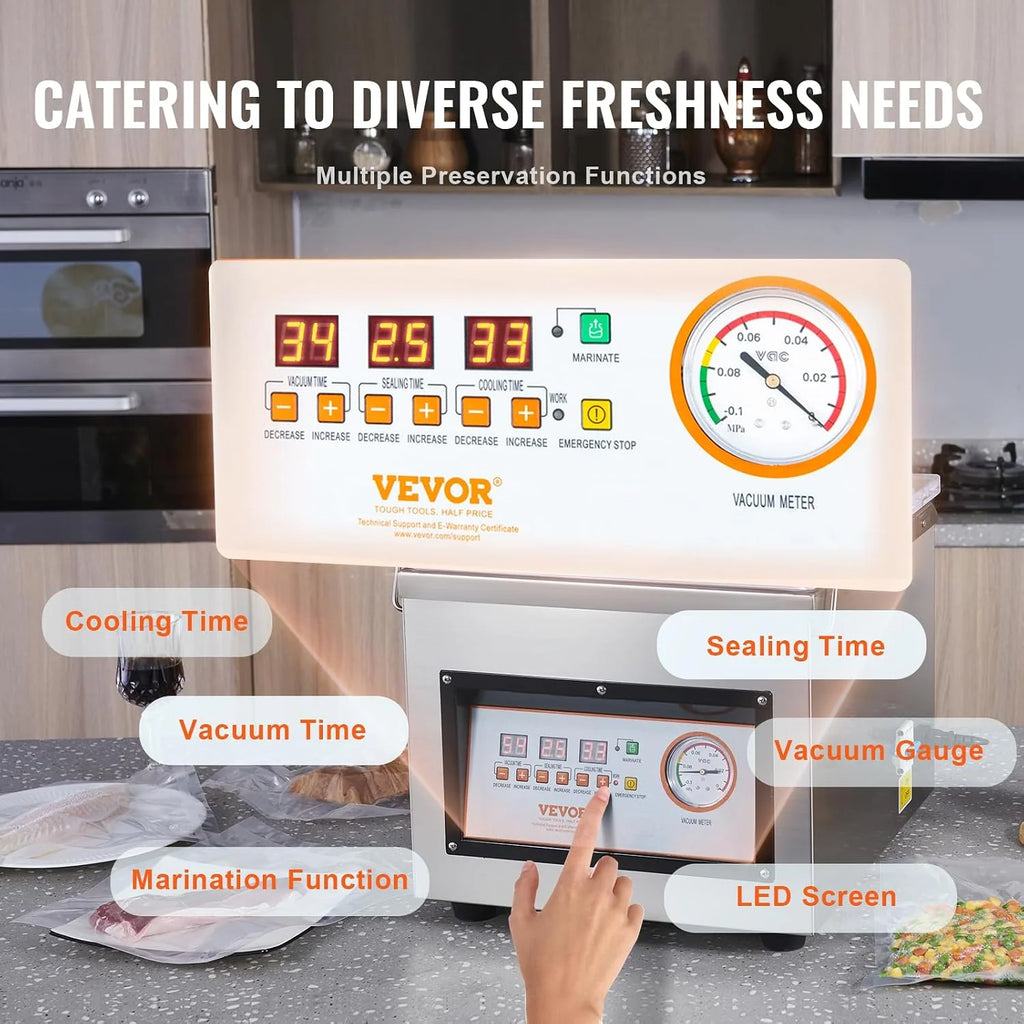 VEVOR Sellador al Vacío de Cámara 320 W Máquina de Envasado al Vacío de Acero inoxidable Tamaño Compacto de 320 mm para Cocina del Hogar Para Uso Comercial Para Alimentos Húmedos, Carnes y Adobos