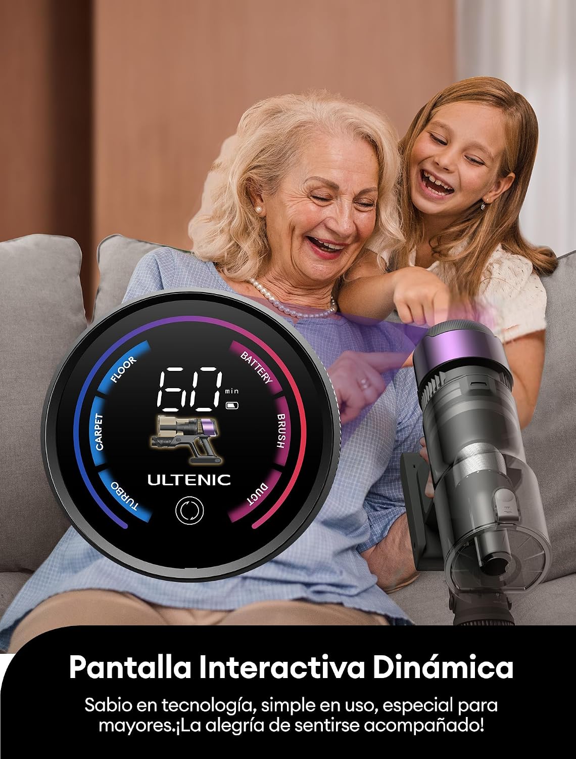 Ultenic U20 Aspiradora sin Cable 55Kpa/55Min, Cepillo Anti-Enredo Mejorado, Aspirador Escoba con Brazo Flexible, Limpieza Ultraprofunda Bajo Muebles sin Agacharse, para Alfombra/Pelo de Mascotas