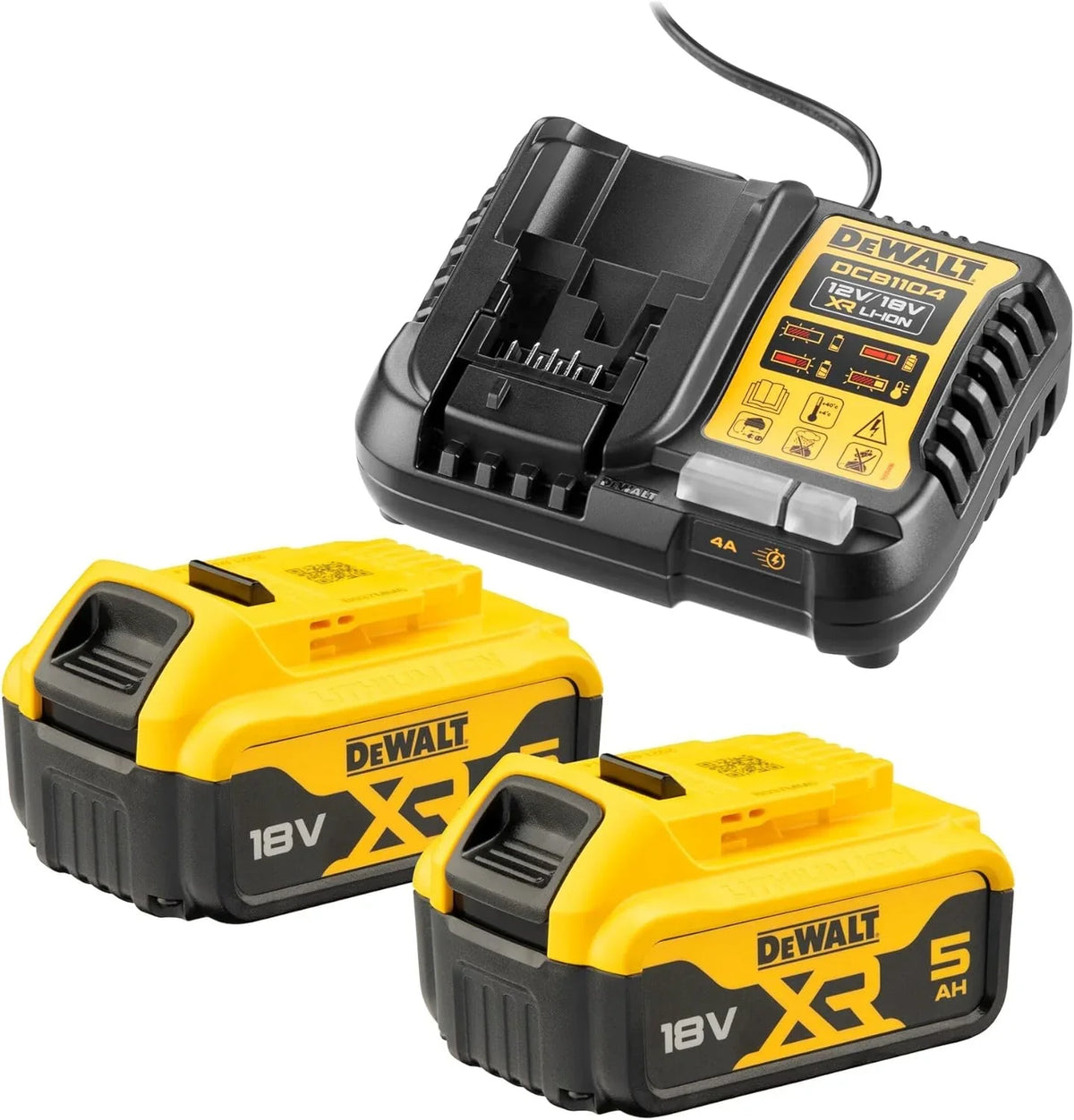 DeWalt DCB1104P2-QW, 18V 5Ah Battery Set, 2x XR DCB184 Batteries, Includes Quick Charger for XR Slide Batteries and Flexvolt Batteries
