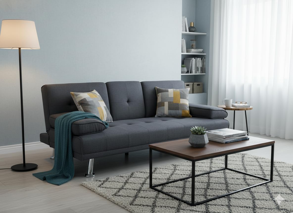 MUEBLIX.COM - Canos 3 Seater Sofa Bed, Armchair Bed, Sofa Bed, with Folding Table, Upholstered Synthetic Fabric, Click-Clack Opening, Designer Sofa, Grey