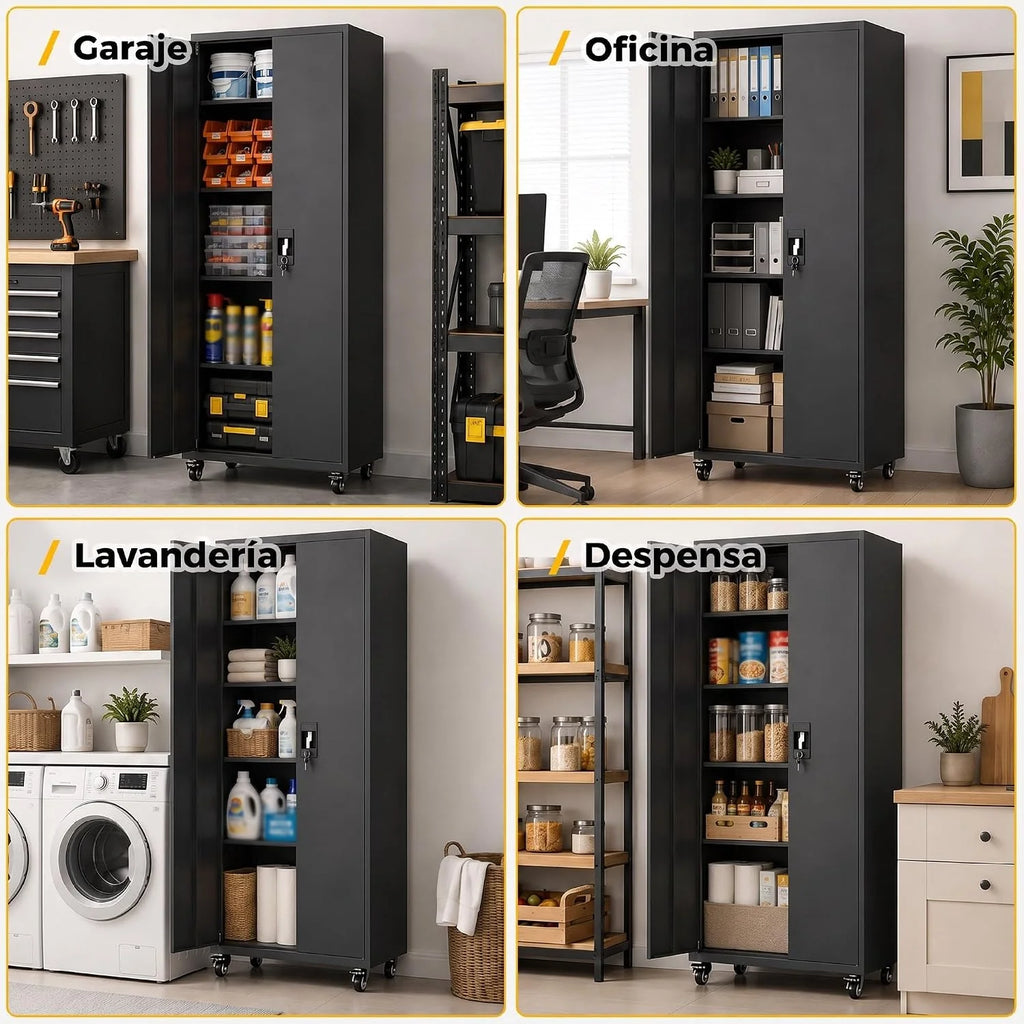 HOMCOM Armario de Herramientas de Acero Ruedas con Freno 180 cm Negro