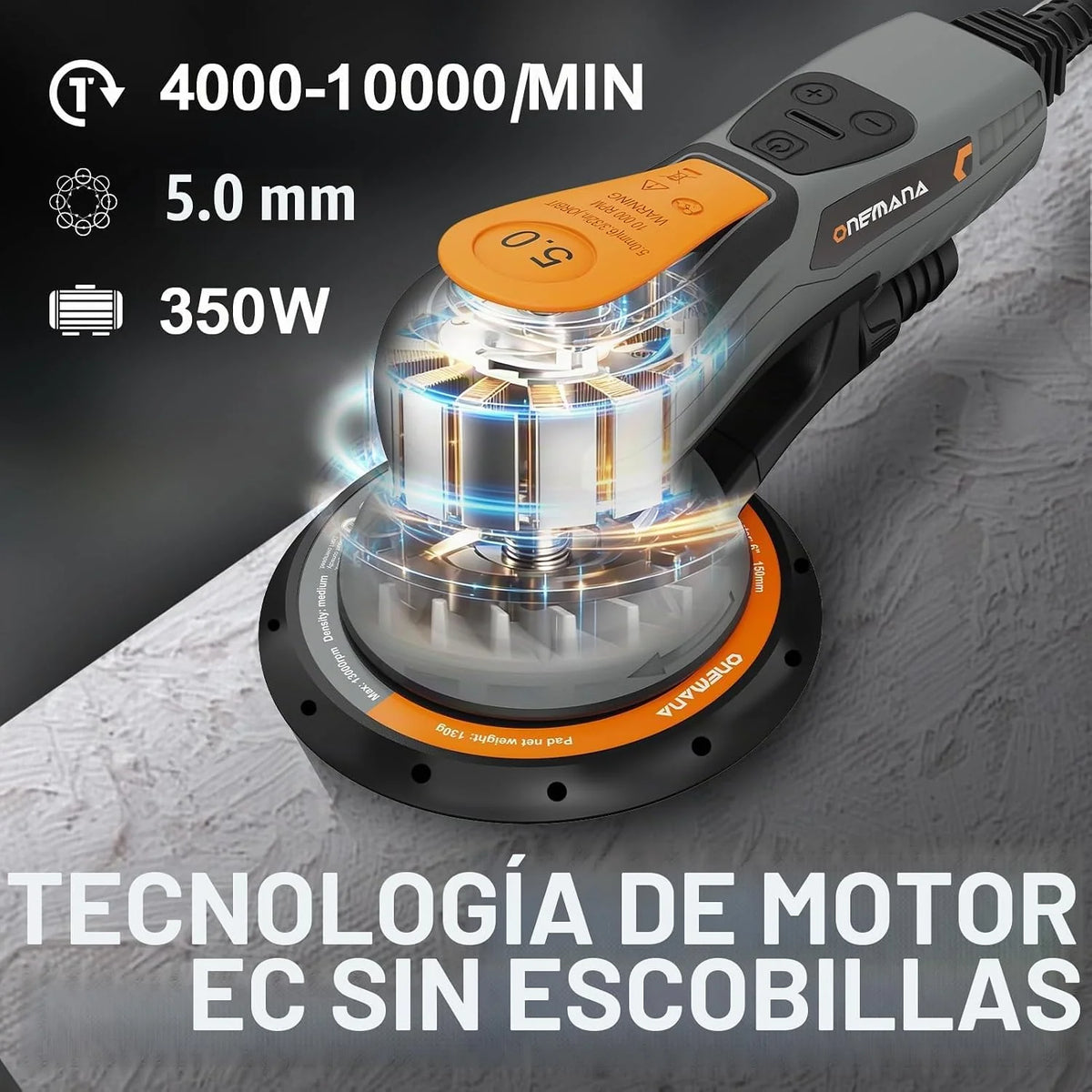 Lijadora orbital ONEMANA 150mm: lijadora electrica sin escobillas, excéntrica 5,0mm, 350W, 6 vel. 4000-10000rpm, recogida polvo, disco 150mm. Lijadora madera