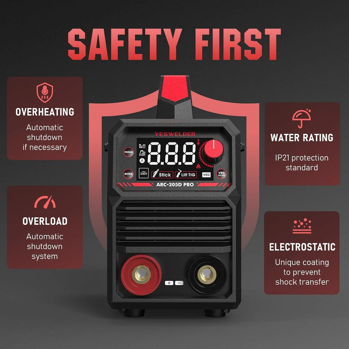 YESWELDER Soldador de Electrodo 205A, Inverter MMA Lift TIG 230V