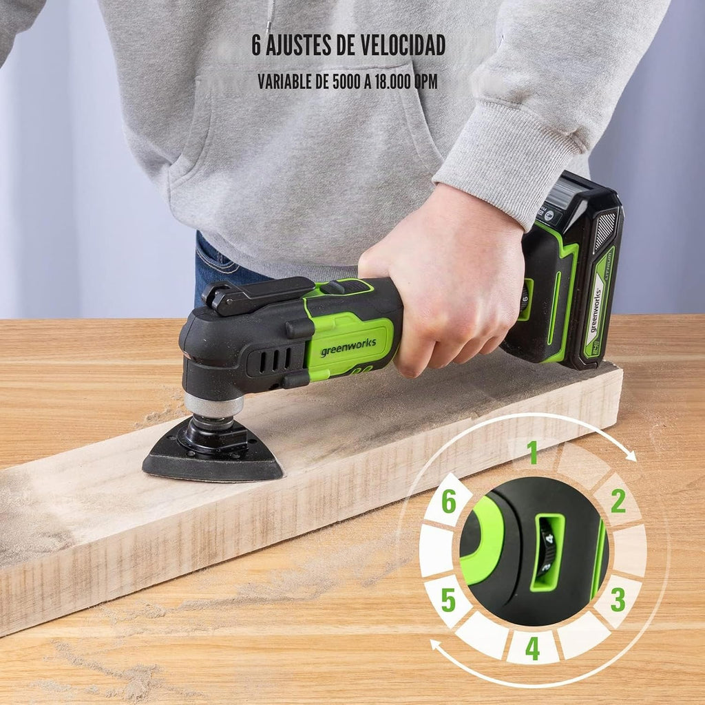 Greenworks Herramienta multifuncional 24V G24MT (Li-Ion 24V 18000 oscilaciones por minuto arco oscilante de 3° velocidades variable cambio de cuchilla sin herramienta luz LED con batería y cargador)