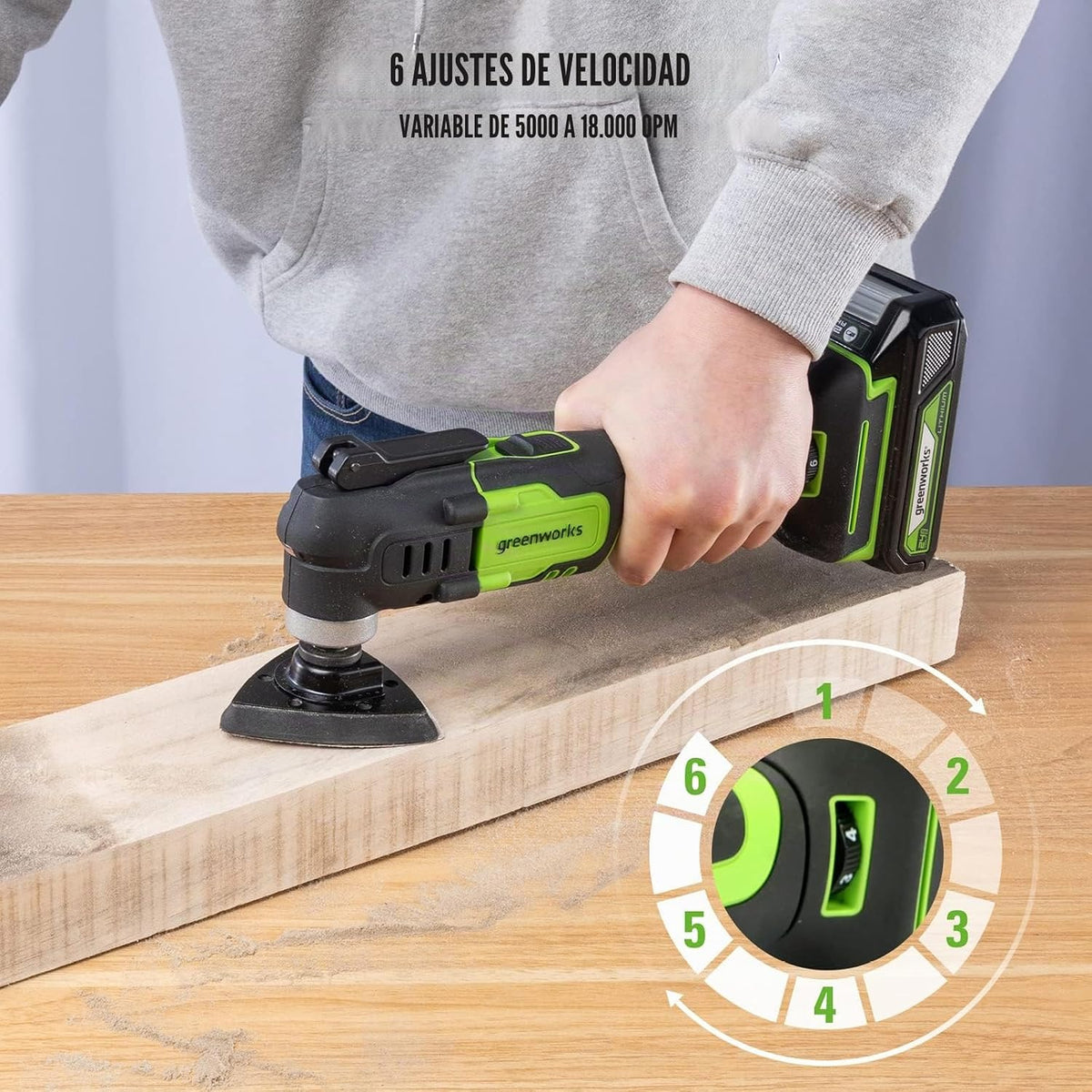 Greenworks Herramienta multifuncional 24V G24MT (Li-Ion 24V 18000 oscilaciones por minuto arco oscilante de 3° velocidades variable cambio de cuchilla sin herramienta luz LED con batería y cargador)