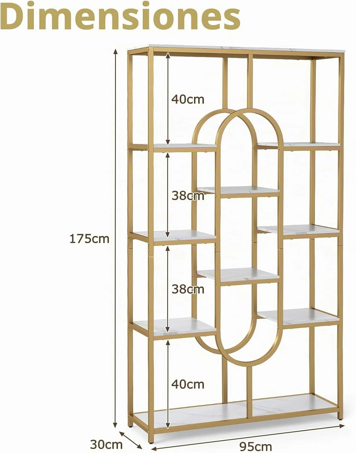 HOMASIS Librería 5 Niveles de Madera, Marco Metálico, Estante de Pared con Estanterías Abiertas, Mueble de Almacenamiento para Sala de Estar, Oficina, 86 x 30 x 175 cm (Dorado)