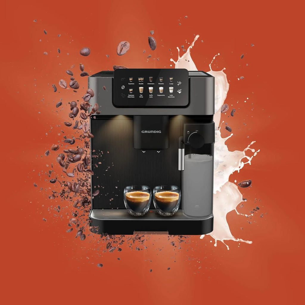 Grundig KVA 7230 Máquina automática de café, 10 especialidades de café, 13 niveles de molienda, tanque de leche, potencia de 1350 W, presión de bomba 19 bar, doble boquilla, iluminación, negro/plata