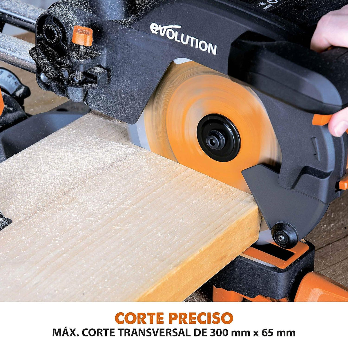 Evolution Power Tools - R210SMS-300+ Ingletadora deslizante multimaterial de 210 mm (230 V), con paquete plus, Corta acero dulce, aluminio, plástico, madera con clavos incrustados