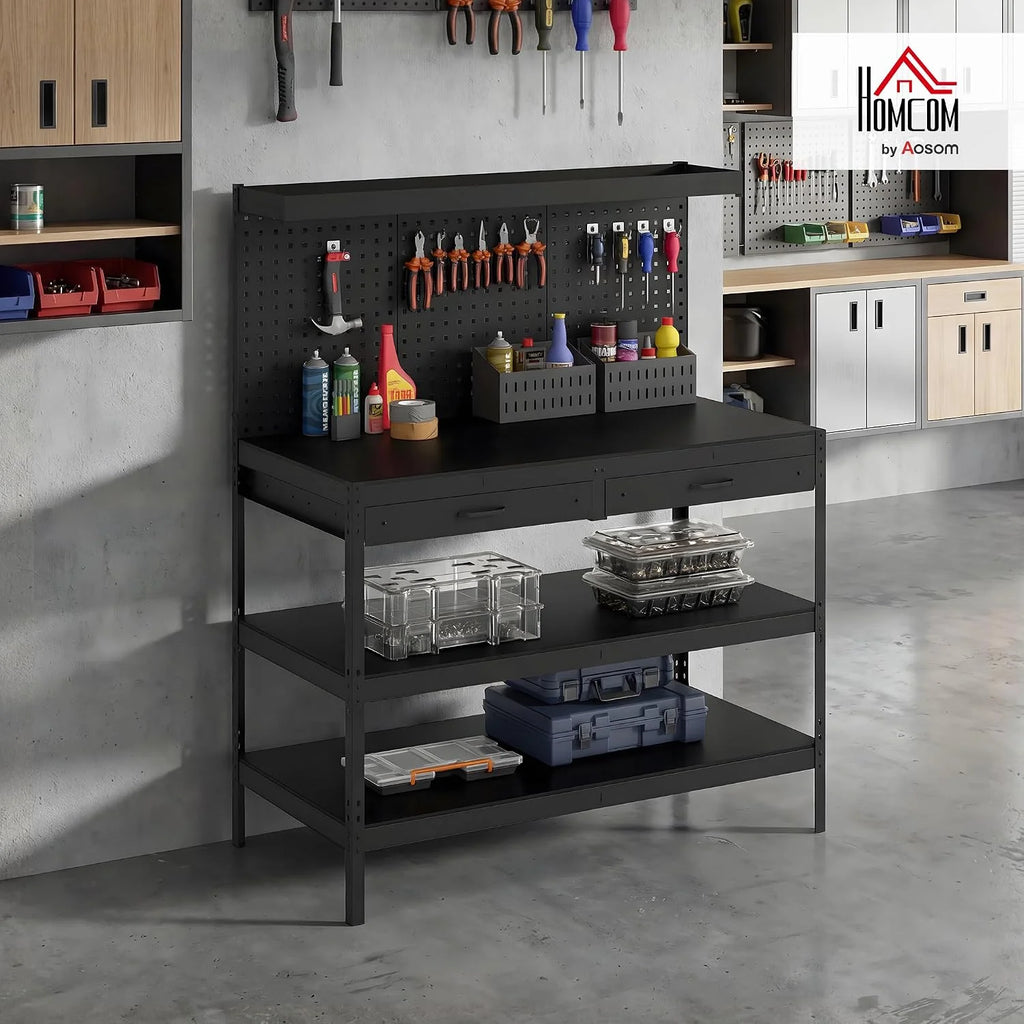 HOMCOM Banco de Trabajo 122x61x156 con Panel Perforado, 2 cajones, 272kg
