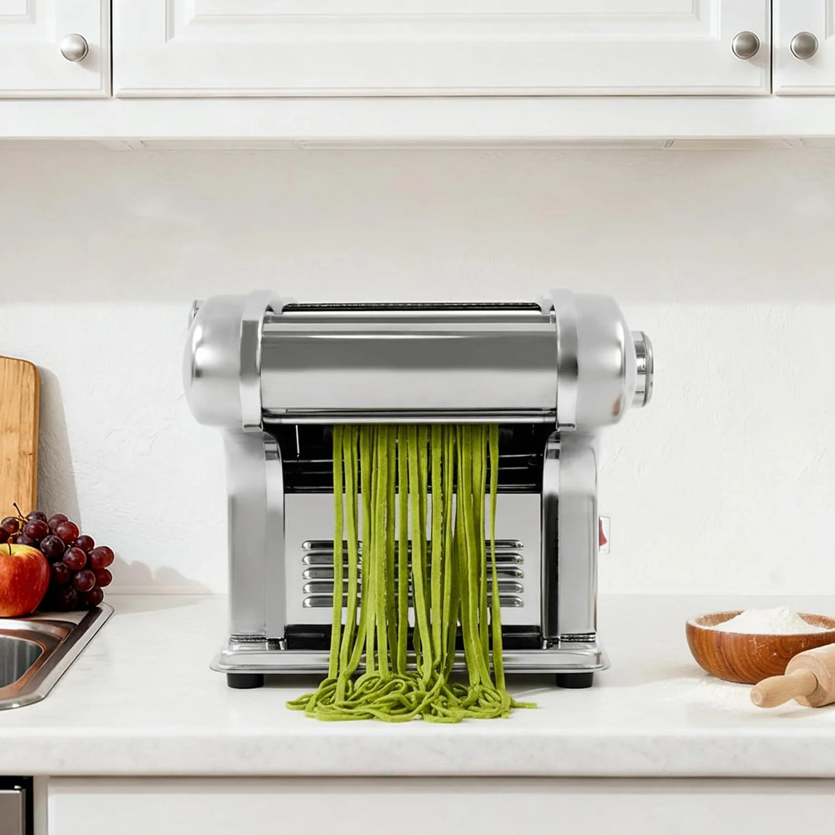 Máquina de pasta eléctrica de 3 cuchillas, acero inoxidable, máquina de pasta de 135 W, máquina para pasta con ajuste de espesor de 8 etapas para hacer espaguetis, lasaña, ravioli, Bola de masa
