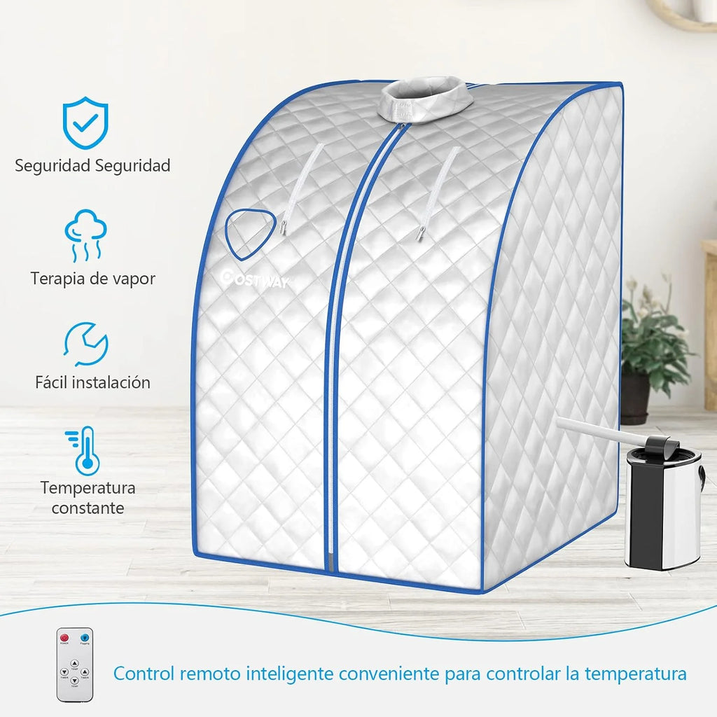 COSTWAY 3L Mini Sauna de Vapor para Casa con Control Remoto, Silla y Accesorios Sauna de Vapor Portátil con Control Remoto, 1000w Cabina de Sauna con Temperatura y Temporizador Ajustables (plata)
