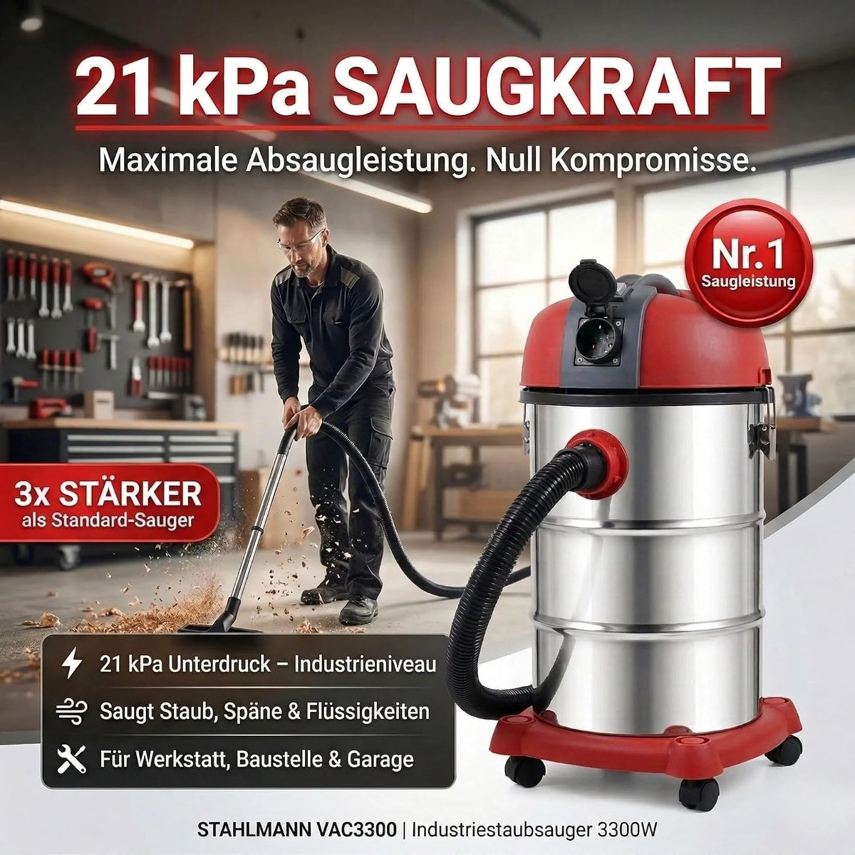 STAHLMANN VAC3300 - Aspiradora industrial en seco (depósito 30 L, enchufe integrado, 3300 W, con y sin bolsa, función de soplado, conexión a máquina, dispositivo profesional