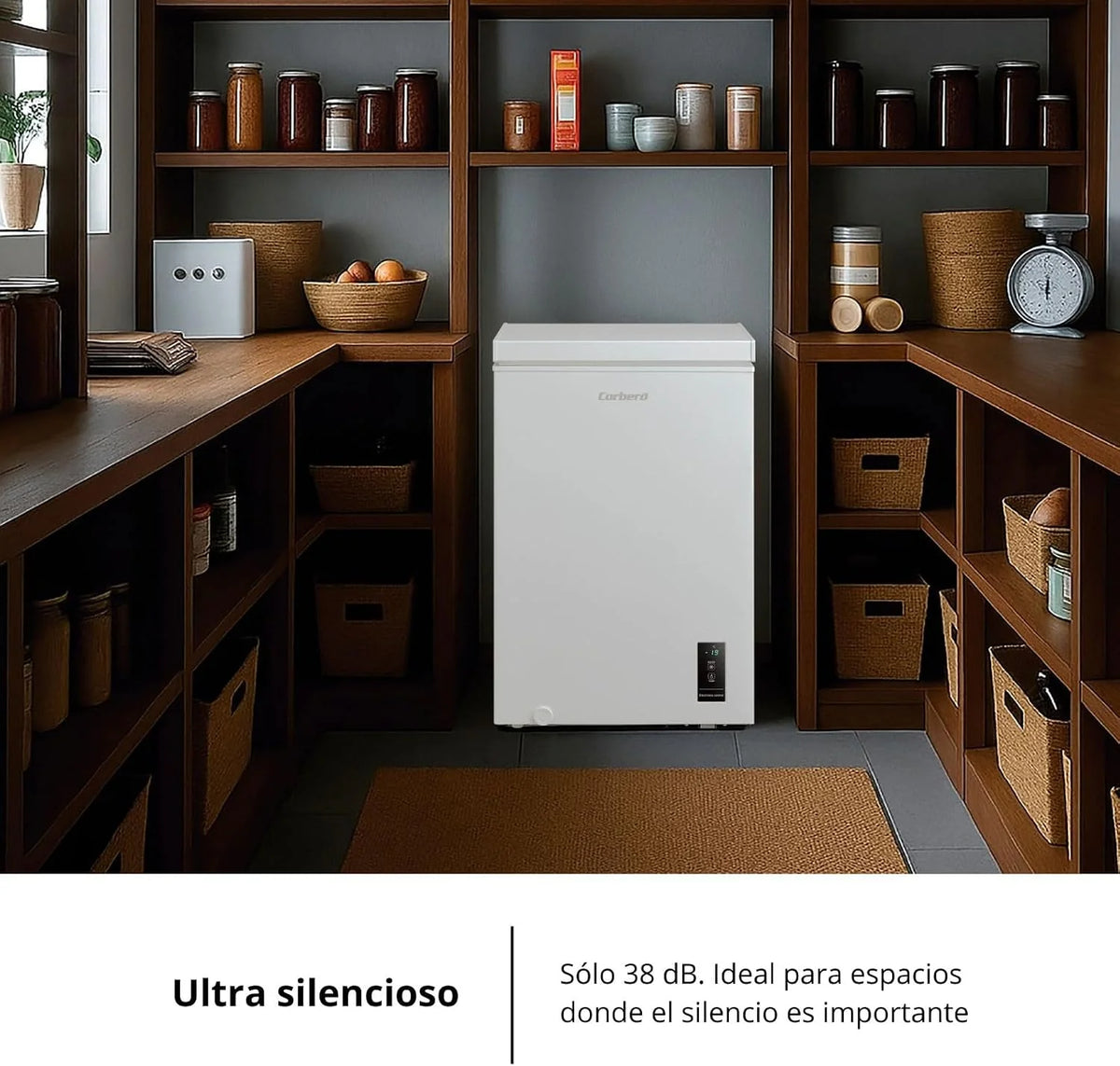 Corberó - Arcón Congelador Horizontal | CCHM1006M | 99L | 54,7cm x 84,9cm | Motor Inverter 38db | Sistema Dual | Súper Congelación | Control con Display | 1 Cesta |Blanco