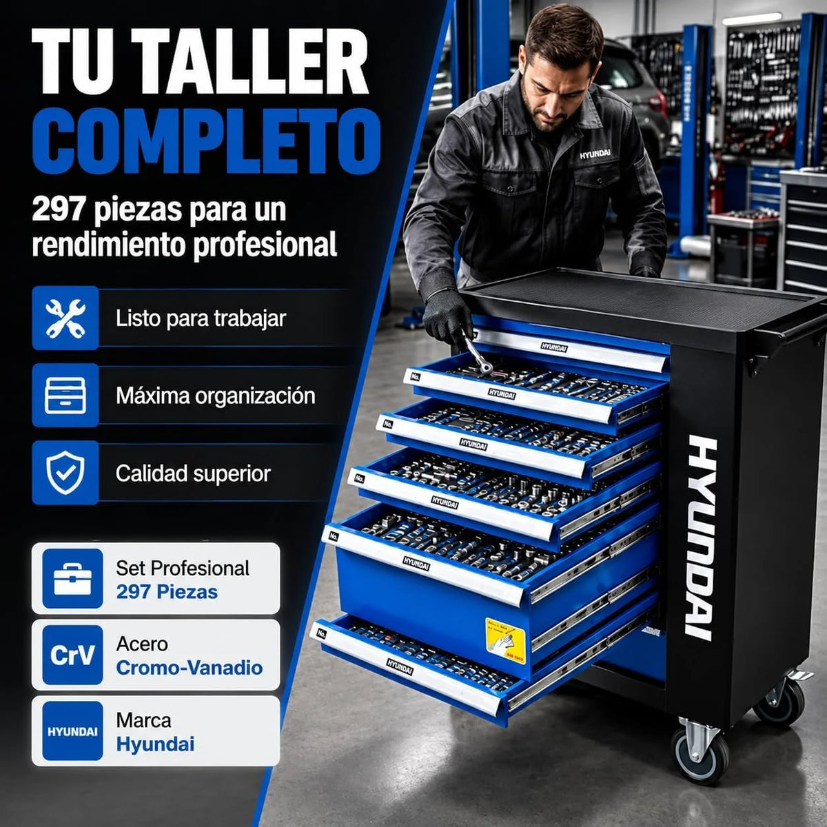 HYUNDAI Carro de Herramientas con 297 Piezas para Taller Profesional - Carro de Herramientas con 7 Cajones y Cierre con Llave - Organizador para Herramientas con Llave de Carraca y Chasis de Acero