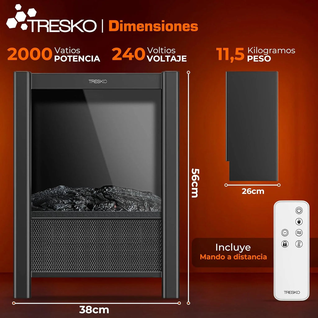 TRESKO Electric Fireplace Heating 2000 W, Smart Home WiFi App & Control | Electric Stove with LED Flame Effect and LCD Display | Electric Fireplace with Thermostat | Ventilated Heating