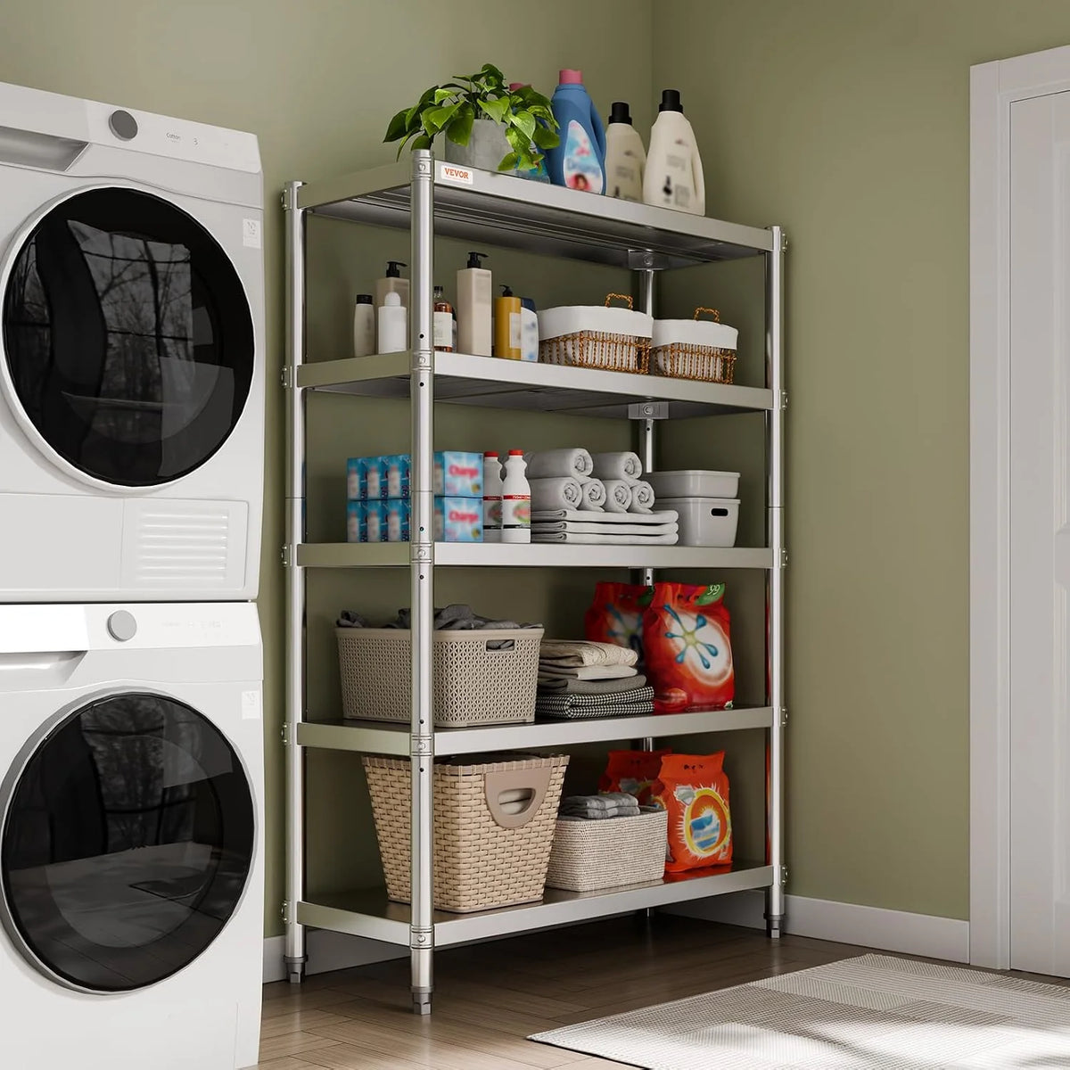 VEVOR Estantería de Acero Inoxidable de 48 x 18.5 Pulgadas, 5 Niveles Ajustables, estantería de Acero Inoxidable Resistente para Cocina, Oficina, Garaje, Almacenamiento, 330 Libras por Estante