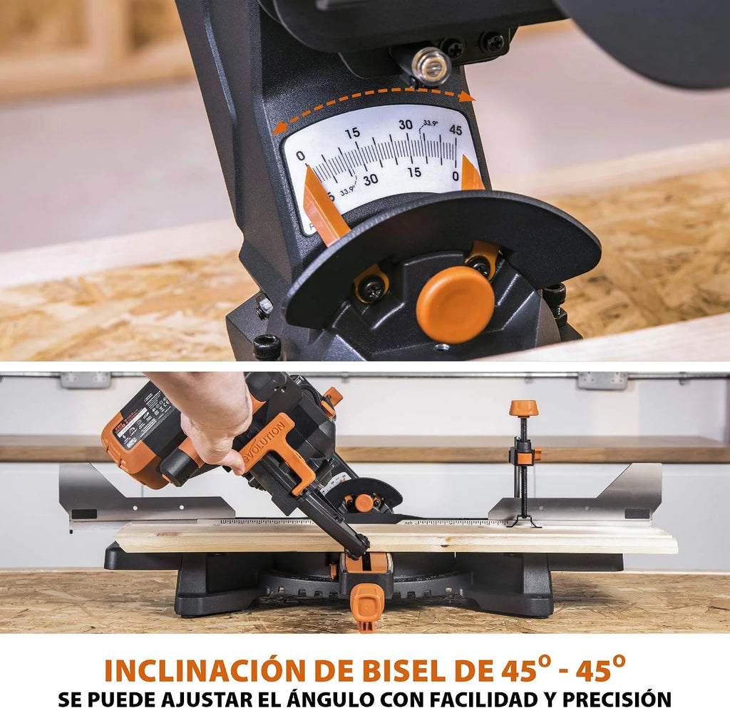 Evolution Power Tools R255SMS-DB ingletadora, Sierra ingletadora deslizante multimaterial de 255 mm, con doble bisel y paquete plus, hasta 300 mm x 90 mm, 5° a izquierda y derecha, inglete de 50°