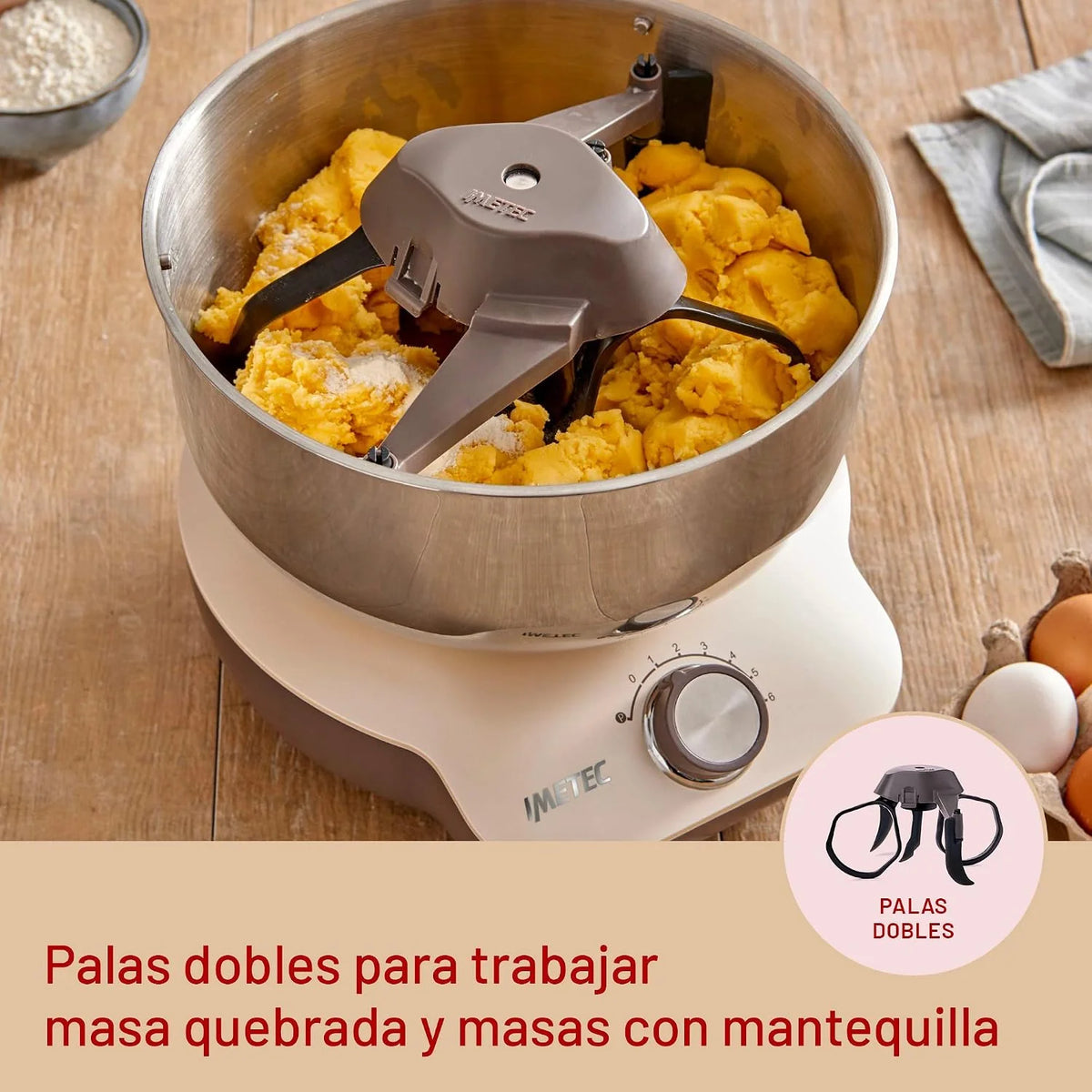 Imetec CakeLover, Batidora planetaria para dulces, Cremas y masas saladas, equipada, Compacta, 1500 W, Recipiente de acero inoxidable, 5 Litros, 6 Velocidades, Recetario, Color Negro/Beige