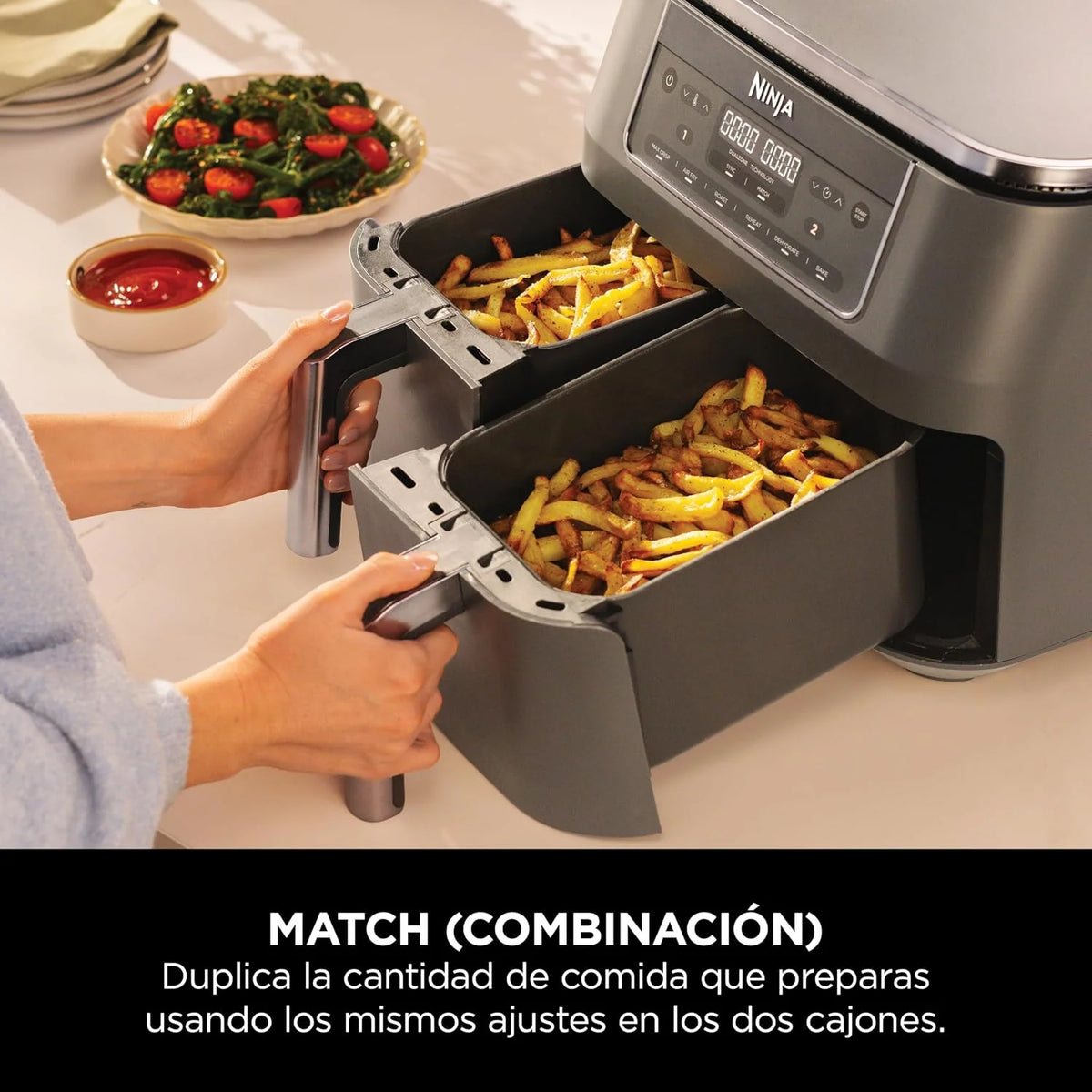 Ninja, Freidora de Aire con Compartimento Doble, 7,6 L, Gris Metalizado