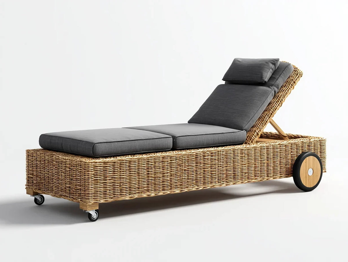 Tumbona de exterior ratán sintetico 198x70x34 cm - gris-marron natural - respaldo reclinable con ruedas estilo moderno