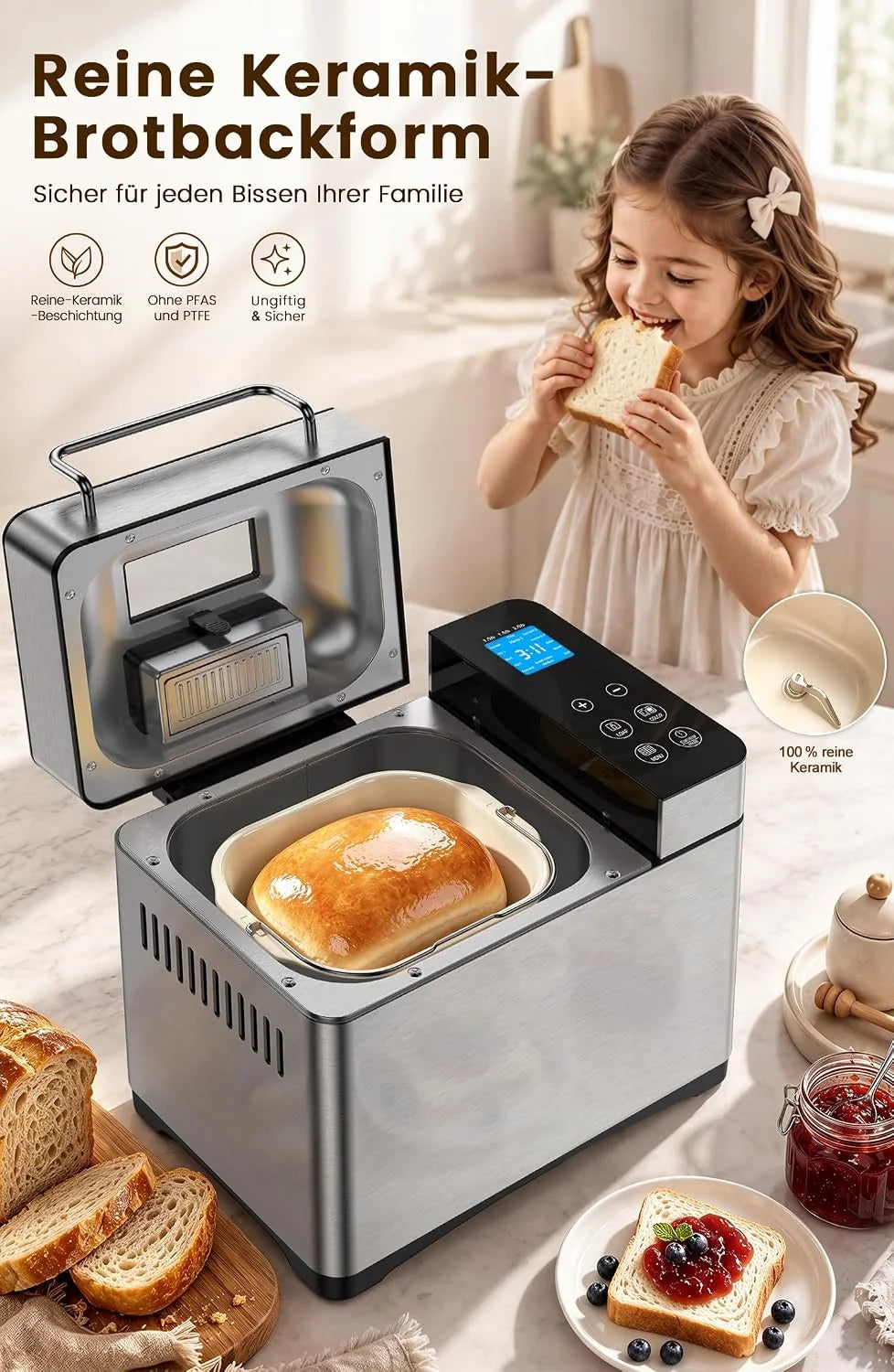 Panificadora de acero inoxidable 2LB 17 en 1 con recipiente para frutas y frutos, molde de cerámica antiadherente y panel táctil digital, 3 tamaños, 3 colores, set de reserva y mantenimiento