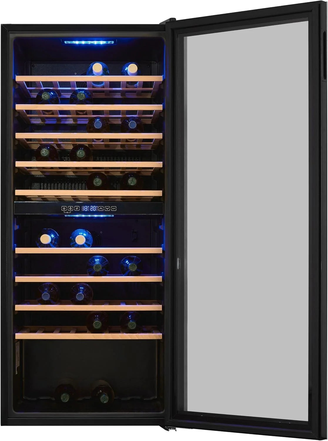 Exquisit® Vinoteca para 114 Botellas, 220L, Negro, Clase G, Dos Zonas de Temperatura 5-20°C, Control Digital LCD, Puerta de Cristal Reversible, Medidas (129,0 x 55,2 x 57,5 cm)