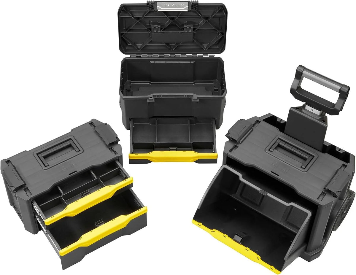 STANLEY Taller rodante Modular 3 en 1 apilable con Ruedas Resistentes, asa telescópica, organizadores Integrados y Capacidad de 35 kg, Ideal para Herramientas eléctricas y manuales, 1-79-206