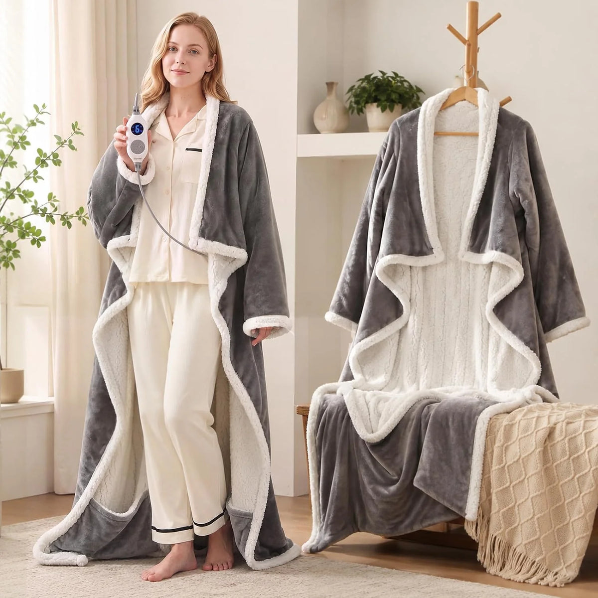 Manta eléctrica portátil con mangas, manta térmica eléctrica con bolsillo para los pies, 6 niveles de calor y apagado automático de 2 a 10 horas, gris claro, 127 x 177,8 + 45,7 cm