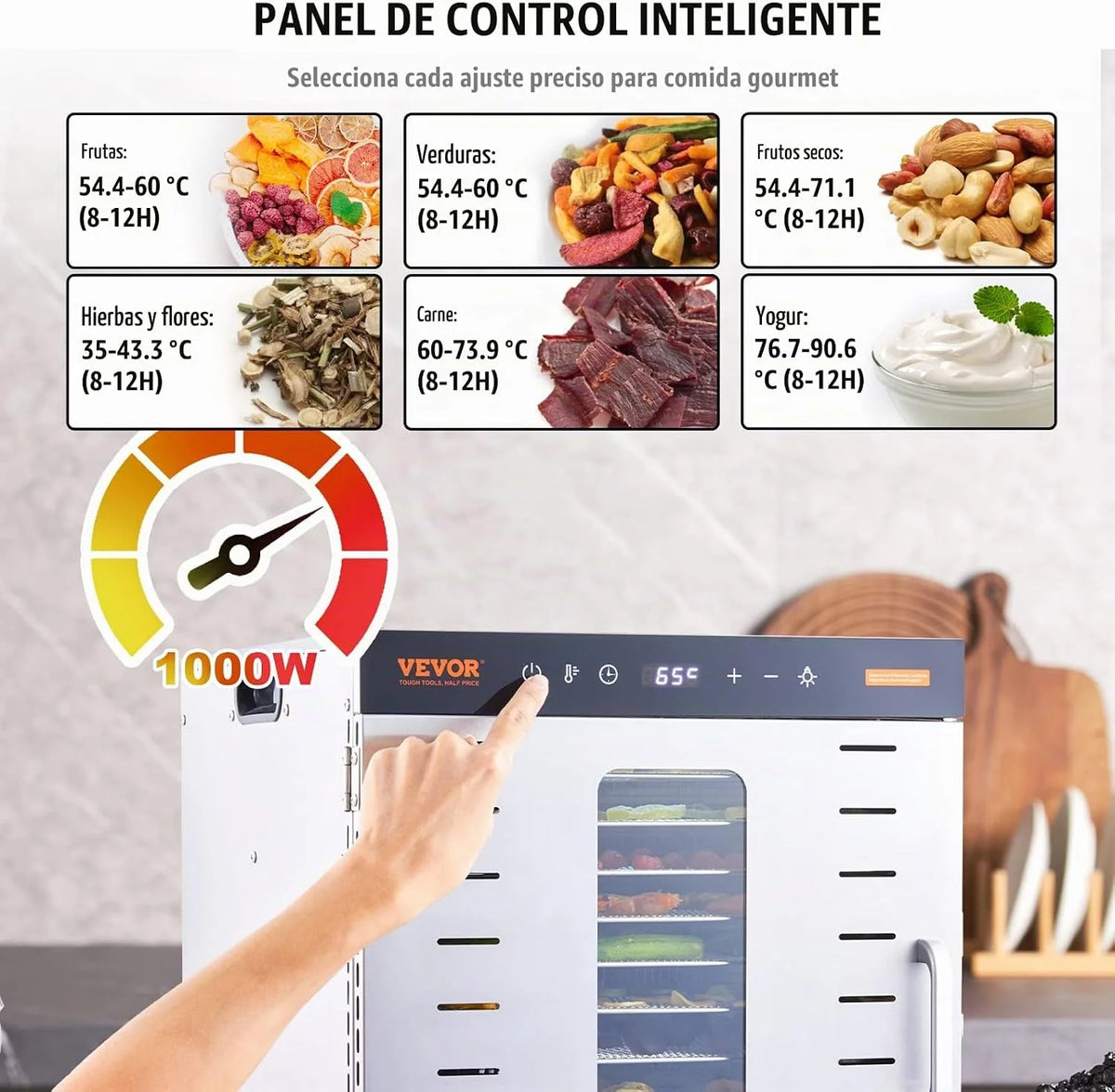 VEVOR Máquina Deshidratadora de Alimentos 10 Bandejas de Acero Inoxidable 1000 W Deshidratador Eléctrico de Frutas y Verduras Temperatura Ajustable 30-90 °C Temporizador 0,5-48 h para Hierbas, Carne