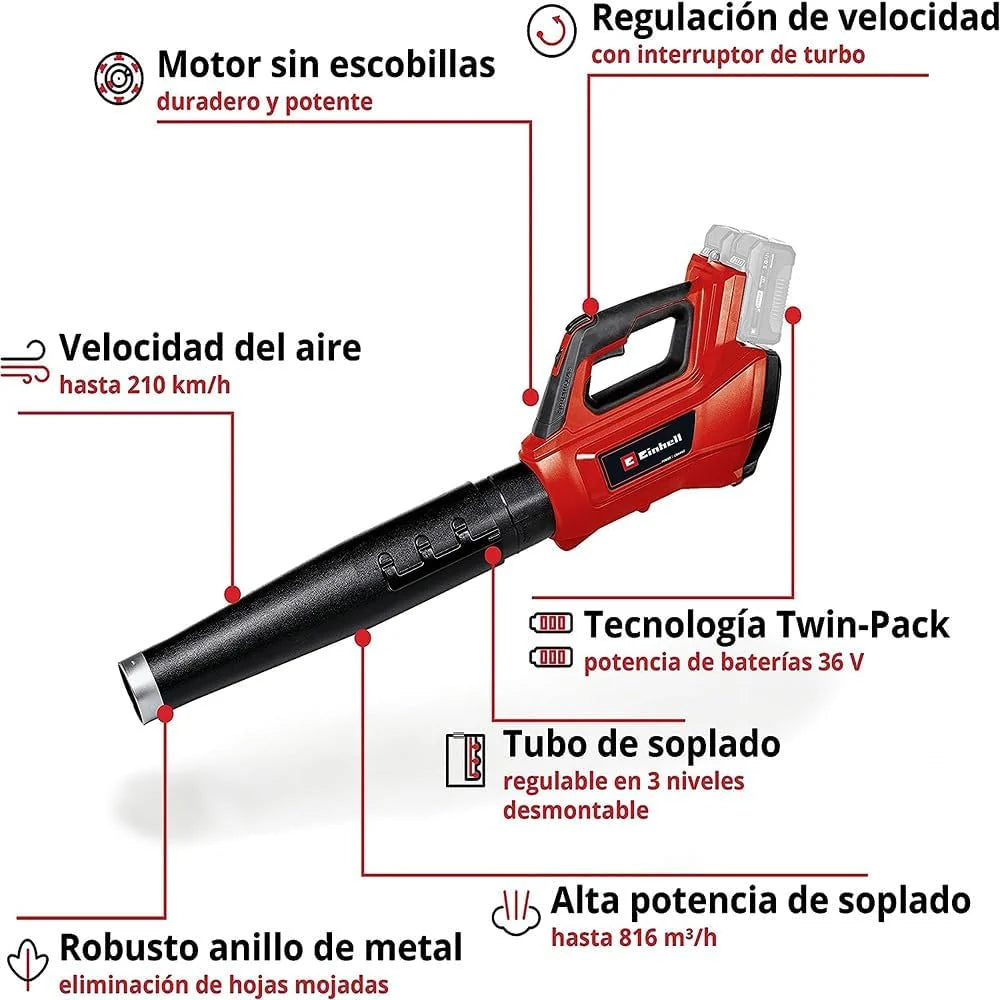 Einhell Soplador de Hojas a batería GE-LB 36/210 Li E-Solo Power X-Change (36 V, Iones de Litio, 210 km/h, 816 m³/h, Interruptor Turbo, Tubo de 3 escalones + Desmontable, sin batería ni Cargador)