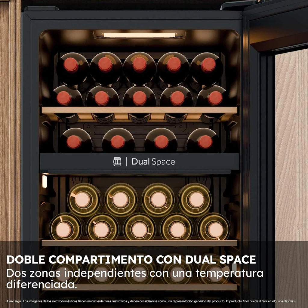 Haier Wine Bank 50 Series 5 HWS32GDG Vinoteca de 32 Botellas, 2 Zonas Independientes, Estantes de Madera, Filtro Anti-UV, Sistema Antivibración, Display Digital, Iluminación LED, 37 dbA, Negra