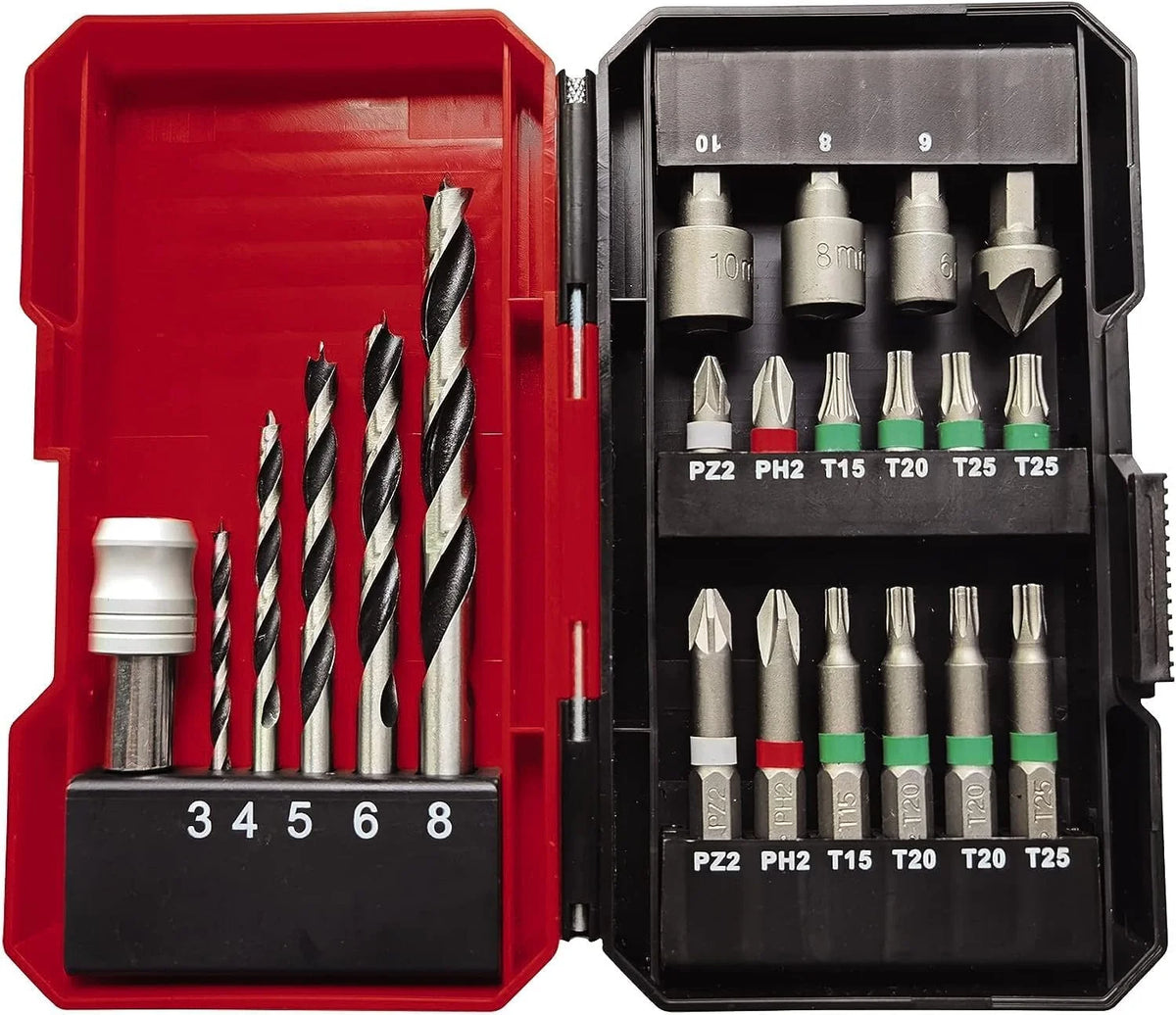 Einhell Taladro con batería TE-CD 18/45 3X-Li+22 Power X-Change (18 V, 45 Nm, portabrocas desmontable, pieza angular y excéntrica, set de puntas de 22 piezas, 2 baterías de 2,0 Ah, cargador + E-Box)