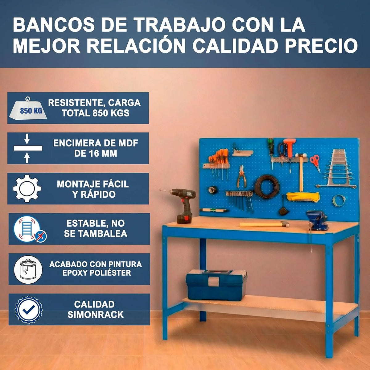 Simon Rack Banco de Trabajo Taller, Capacidad Carga 400 kg, 1445x910x610 mm, Mesa de Trabajo, Antracita/Madera - BT2