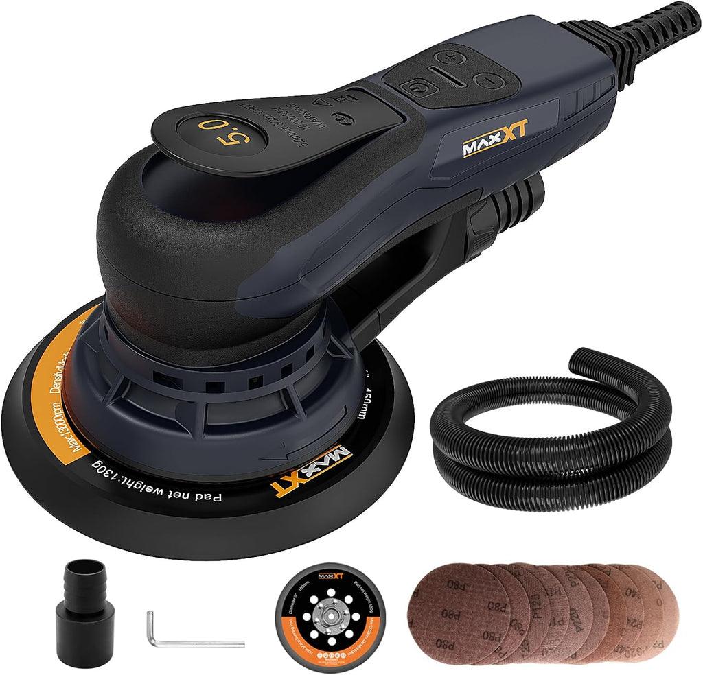 MAXXT lijadora excéntrica 150 mm, sin escobillas, conector tri-núcleo, carrera 5,0 mm, freno automático (2 s), 6 velocidades, incluye 10 lijas y cable 5 m.