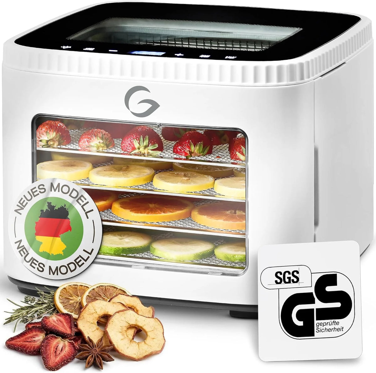 Deshidratador 5 rejillas de acero inoxidable, deshidratador de 500 W-0,2 m², ventana extra, forma de piel de fruta, filtro, malla de hierbas, LED, LCD, deshidratador compacto.