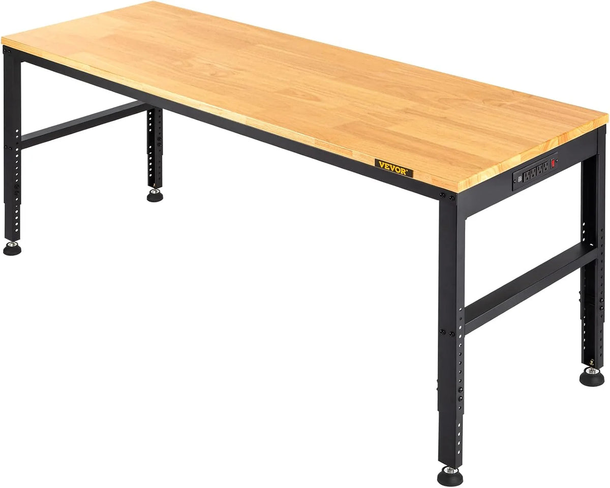 VEVOR Banco de Trabajo 1220x508 mm Mesa de Taller Altura Ajustable 719-968 mm Carga de 900kg con Toma de Corriente Mesa de Madera Marco de Metal Almohadillas para los Pies para Oficina, Garaje